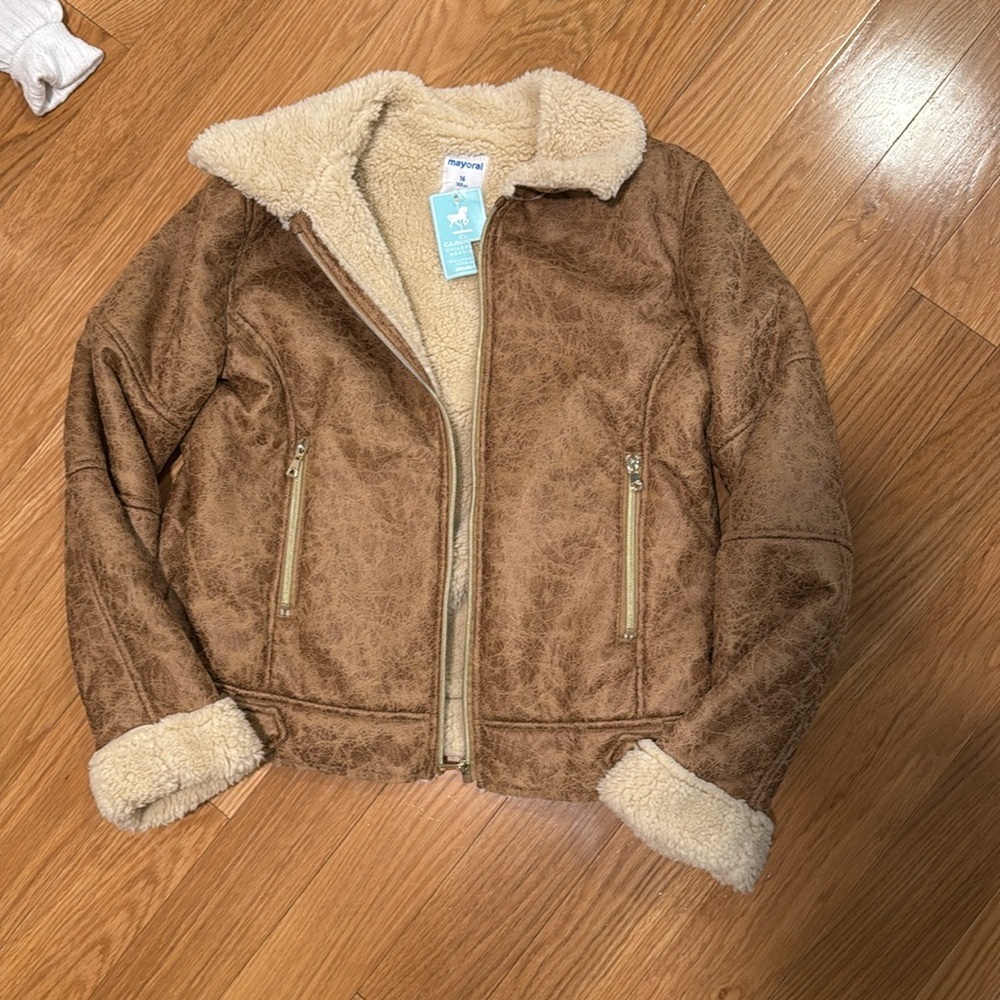 NWT MAYORAL Girl's Faux Shearling Jacket in Brown